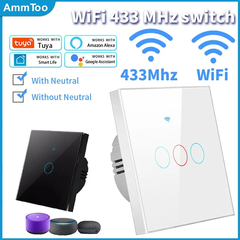 Tuya wifi smart switch funktioniert mit alexa mit/ohne neutralen draht touch lichtsc halter drahtlose rf433 wand fernbedienung