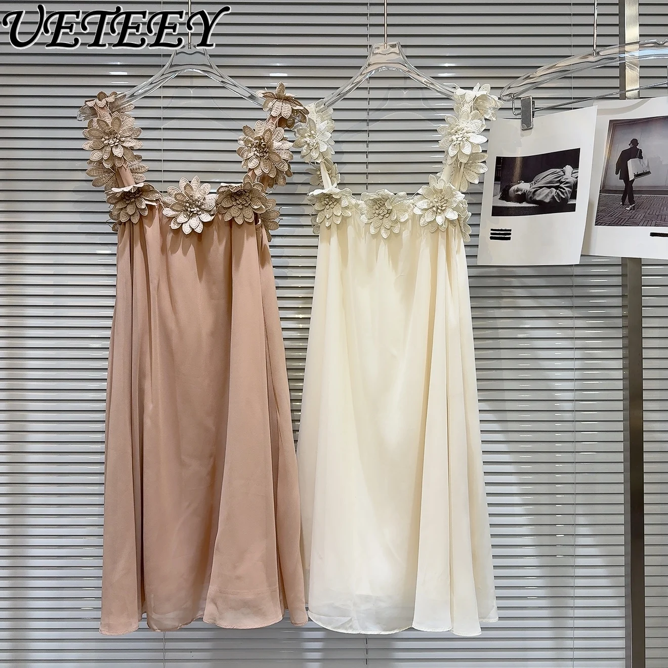 

2025 Summer New Temperament Celebrity Three-dimensional Flower Shoulder Strap Light Dress Vacation Chiffon Suspender Dresses