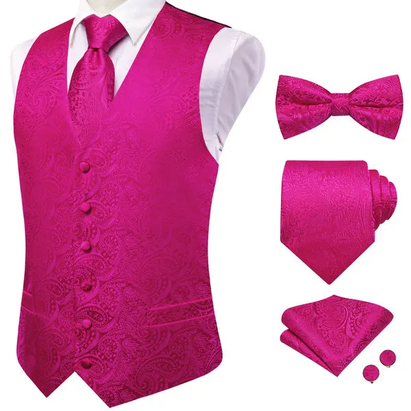 Herren Rot-Rosa Blumen-Paisley V-Kragen Weste Komplettset Business-Party-Kleidung Passendes Outfit – Detail 2