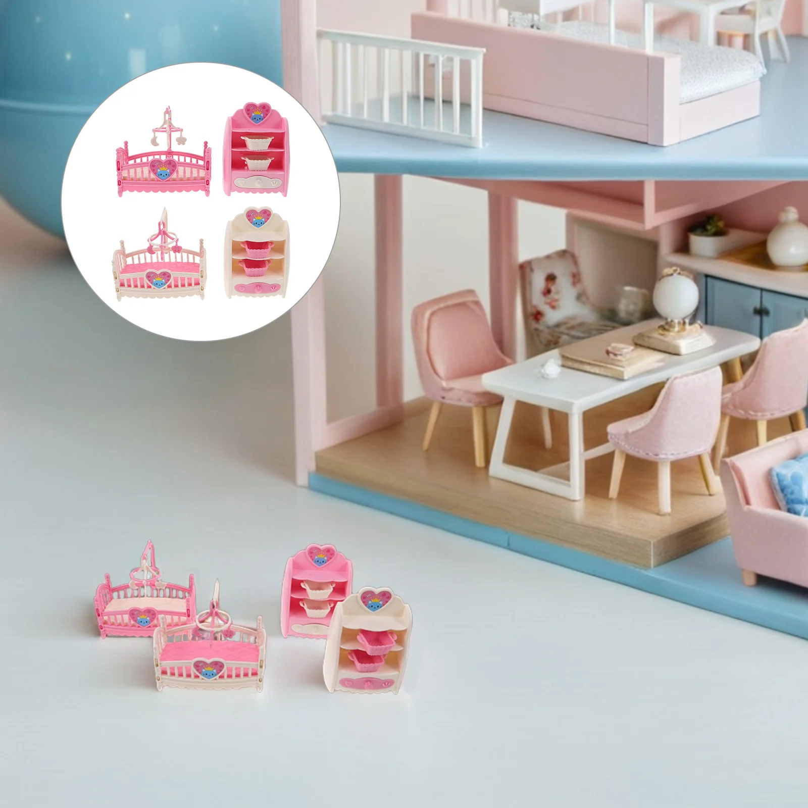 4-teiliges Miniatur-Krippe- und Schrank-Set für Puppenhaus, Kinderzimmer, Schlafzimmer, dekoratives Zubehör, Mini-Krippe ​ ​ Puppenhausmöbel ​