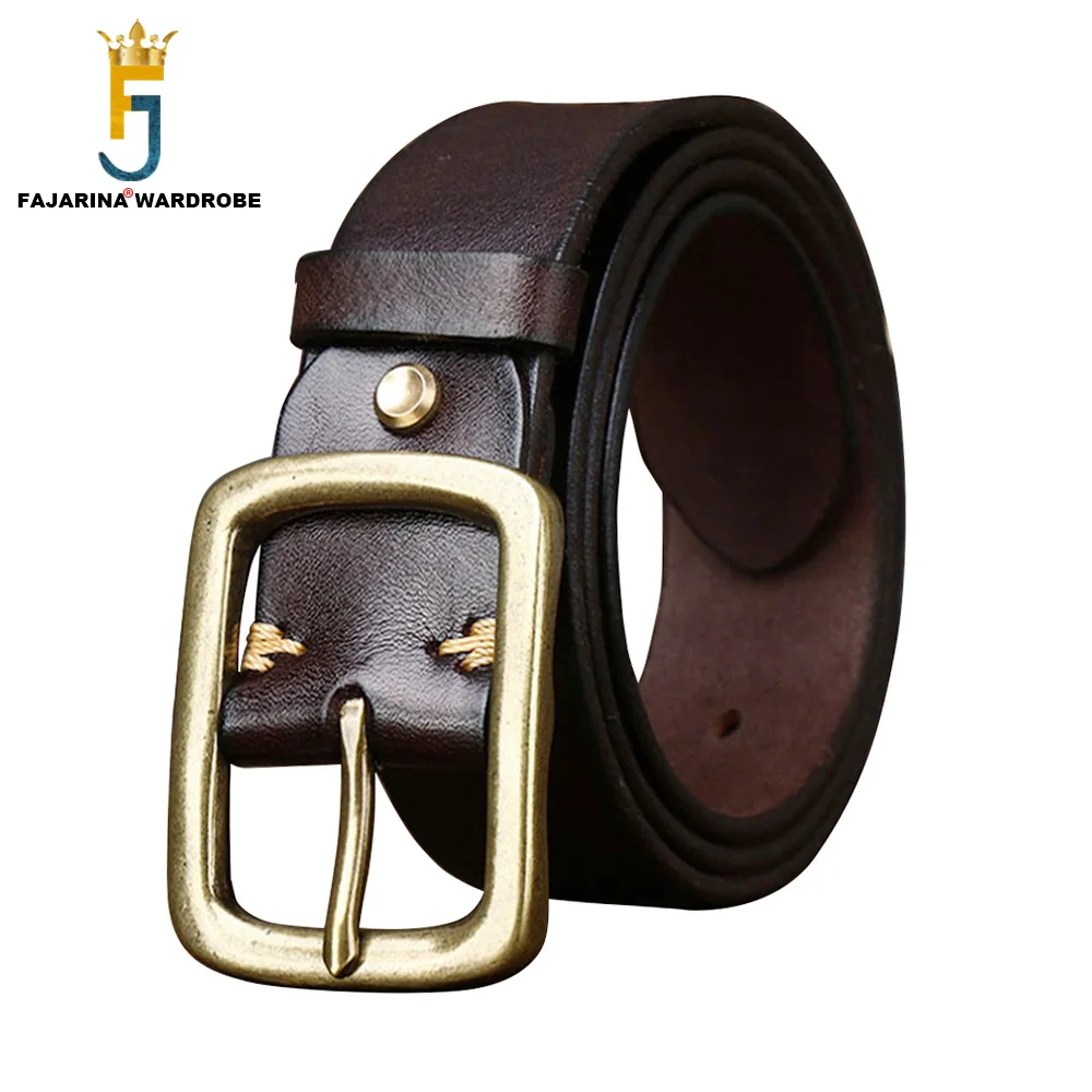 FAJARINA Top Quality Solid Cowskin Leather Brass Pin Buckle Belt 3.8cm Wide