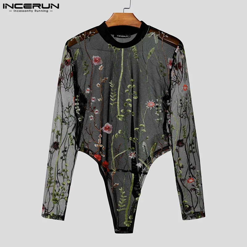 

Sexy INCERUN Summer Men Bodysuits Solid Color Mesh Floral Patchwork Sexy Rompers O Neck Long Sleeve Skinny Fashion Bodysuit