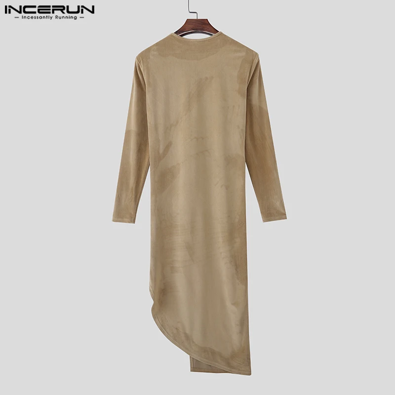 INCERUN الرجال نمط طويل تي شيرت بلون س الرقبة طويلة الأكمام عادية غير النظامية المحملة القمم الشارع الشهير 2025 موضة الرجال الملابس