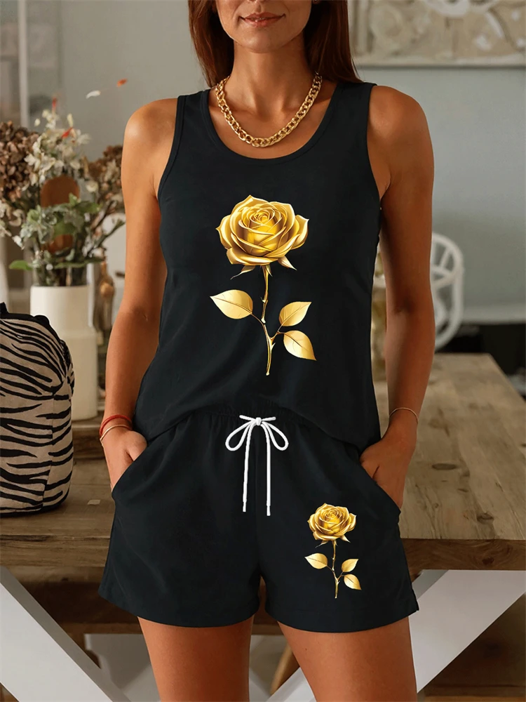 Wallpaper - 2026 Nieuwe Dames Goudkleurige Rozenprint Tanktop
