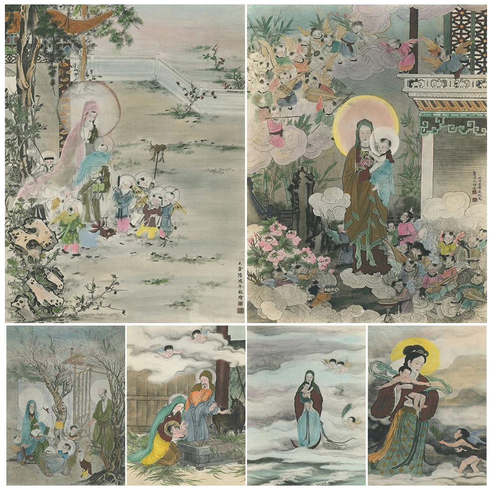 

Madonna And Child,Chinese Style Ink Illustration Wall Art Canvas Print,Madonna Of Asia Antique Art Poster And Print Home Decor
