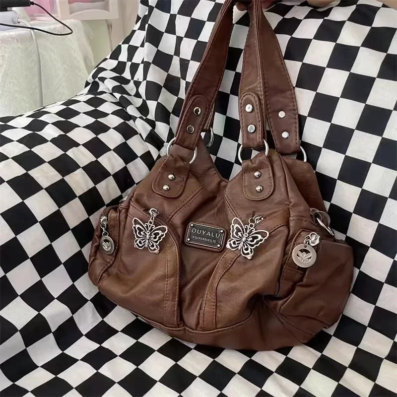 MBTI Brown Y2k Womens Shoulder Bag Vintage Fashion Soft Pu Leather Gothic Tote Bag Punk Harajuku Casual Large Capacity Handbag