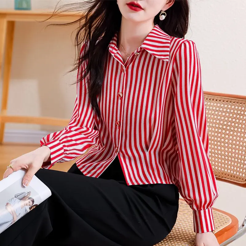 Womens Fashion Classic Striped Print Button Shirt Office Lady Elegant Lapel Blouse Casual Long Sleeve Loose Tops Chiffon Camisas