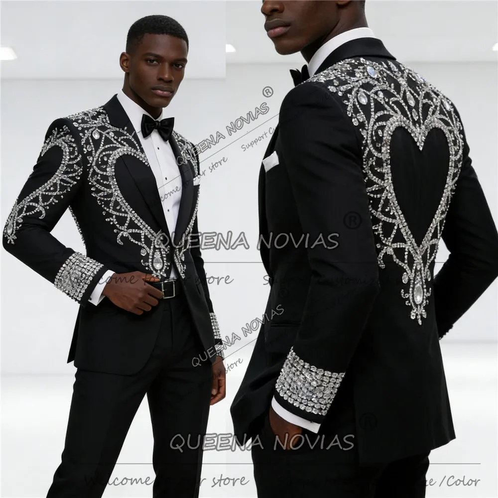 

Exclusive Diamond Beaded Suits Men Slim Fit Single Breasted Blazer Pants 2 Piece Groom Tuxedos Customized Man Business Outfits