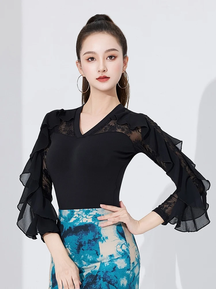 

Modern Latin Dance Costumes Mesh Lace Long Sleeve Jumpsuit Modern Dance Jumpsuit Ballroom Dance Costume Latin Dance Top DQL10794