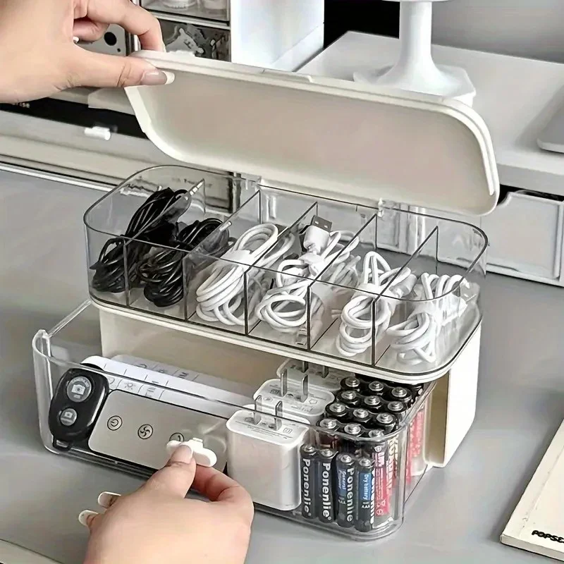 Double Layer Transparent Desktop Cable Organizer Box Adjustable Compartment Cord Charger Storage for Home Wire Management JJ5099