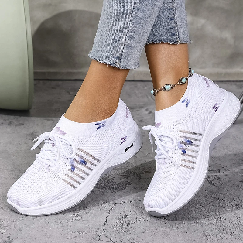 

Дышащие сетчатые кроссовки с белым принтом, женские весенне-осенние вязаные туфли на мягкой подошве на плоской подошве, удобные нескользящие прогулочные туфли без шнуровки