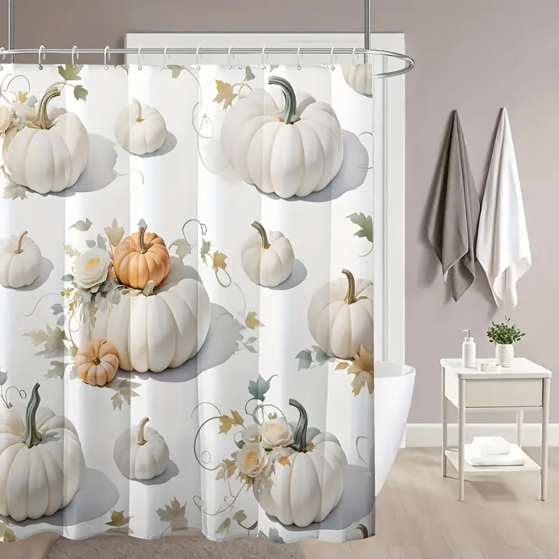 

Autumn Pumpkin Shower Curtain 72x72 Polyester Washable – Rustic Floral & Maple Leaves on Cream Background with 12 Hooks