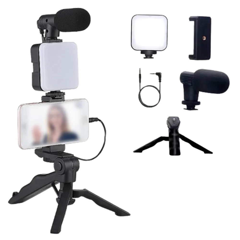 Roterend LED-invullicht Desktopstandaardset Handstatief met licht en microfoon Telefoonstandaard Stabilisator Opvouwbaar Veelzijdig