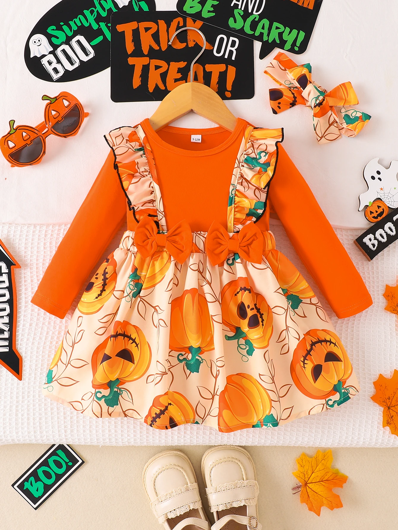 

Baby Girl Halloween Pumpkin Dress Set, Orange Top + Skirt with Headband