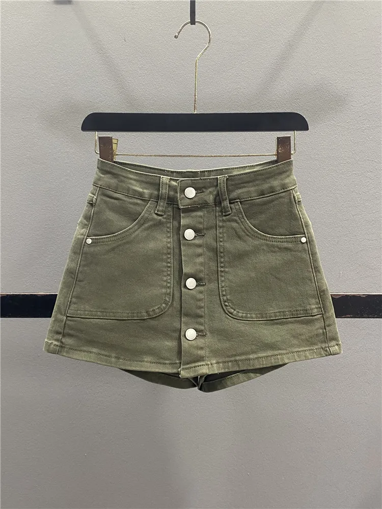 Retro Single Button Denim  Skirt Women's High Waist Elastic Slimming Sexy Half Body Skirt Casual Style with Pocket
