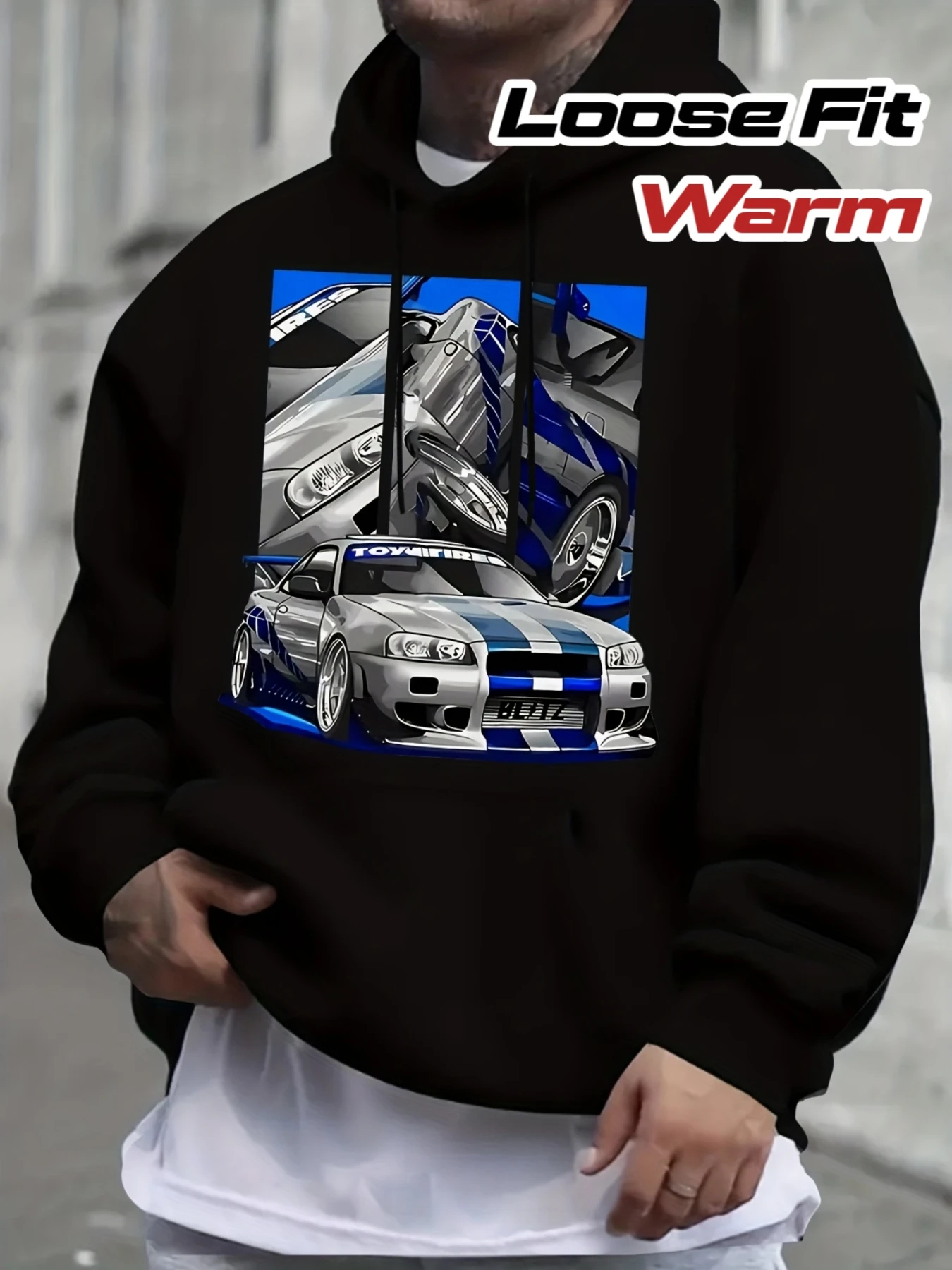 Men's Winter Car Graphic Hoodie Loose Fit with Pockets, Sporty Casual Pullover for Automotive Enthusiasts, Comfortable Clothing