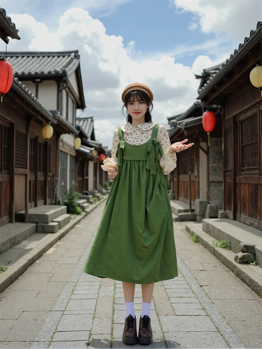 ชุดเดรสผู้หญิงสไตล์ญี่ปุ่นลำลองสีเขียวสำหรับสาวออฟฟิศ ดีไซน์เรียบง่าย ตัดต่อสีไล่ระดับแบบออมเบร หลายสี ลายมัดย้อม
