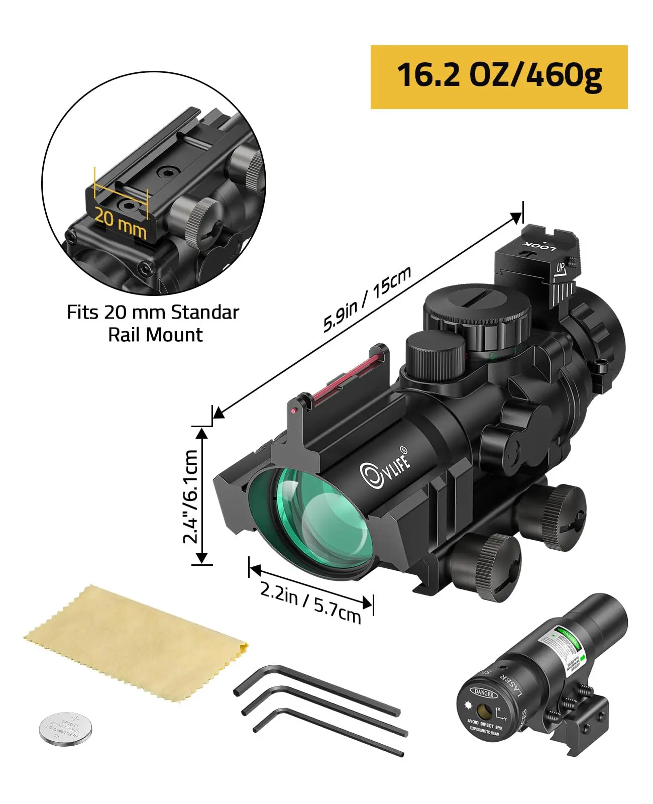 

Airsoft 4x32 Prism Tactical Riflescope Red Green Blue Illuminated Reticle Scope with Fiber Optic Sight & IIIA/2MW Laser Sight