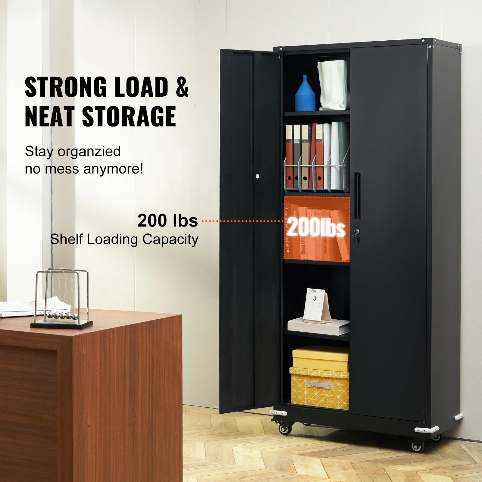 Metal Storage Cabinet with Wheels 75'' Locking Cabinet with 2 Magnetic Doors and 4 Adjustable Shelves 200 lbs Capacity