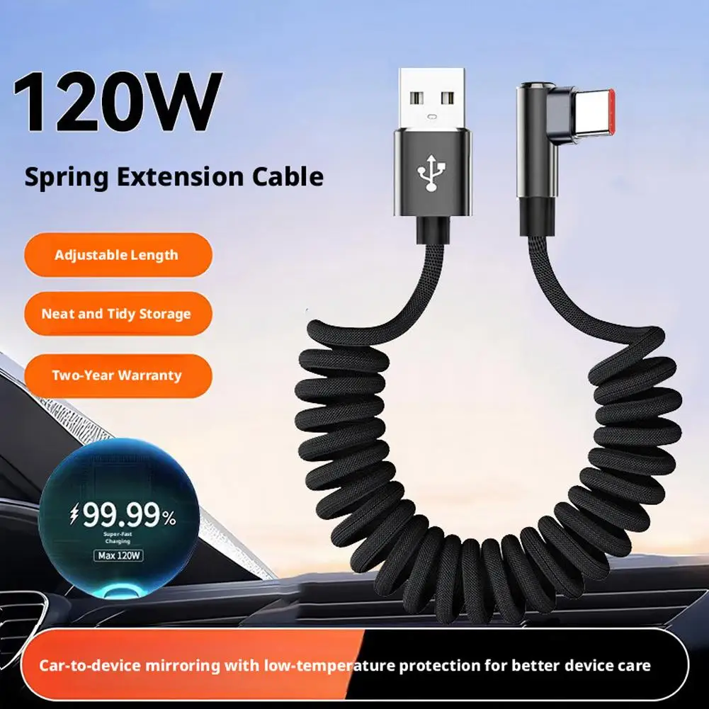 120W Fast Charging Coiled USB Type-C Cable 90-Degree L-Shape Retractable Spring Data Cord for Car Gaming & Mobile Phones