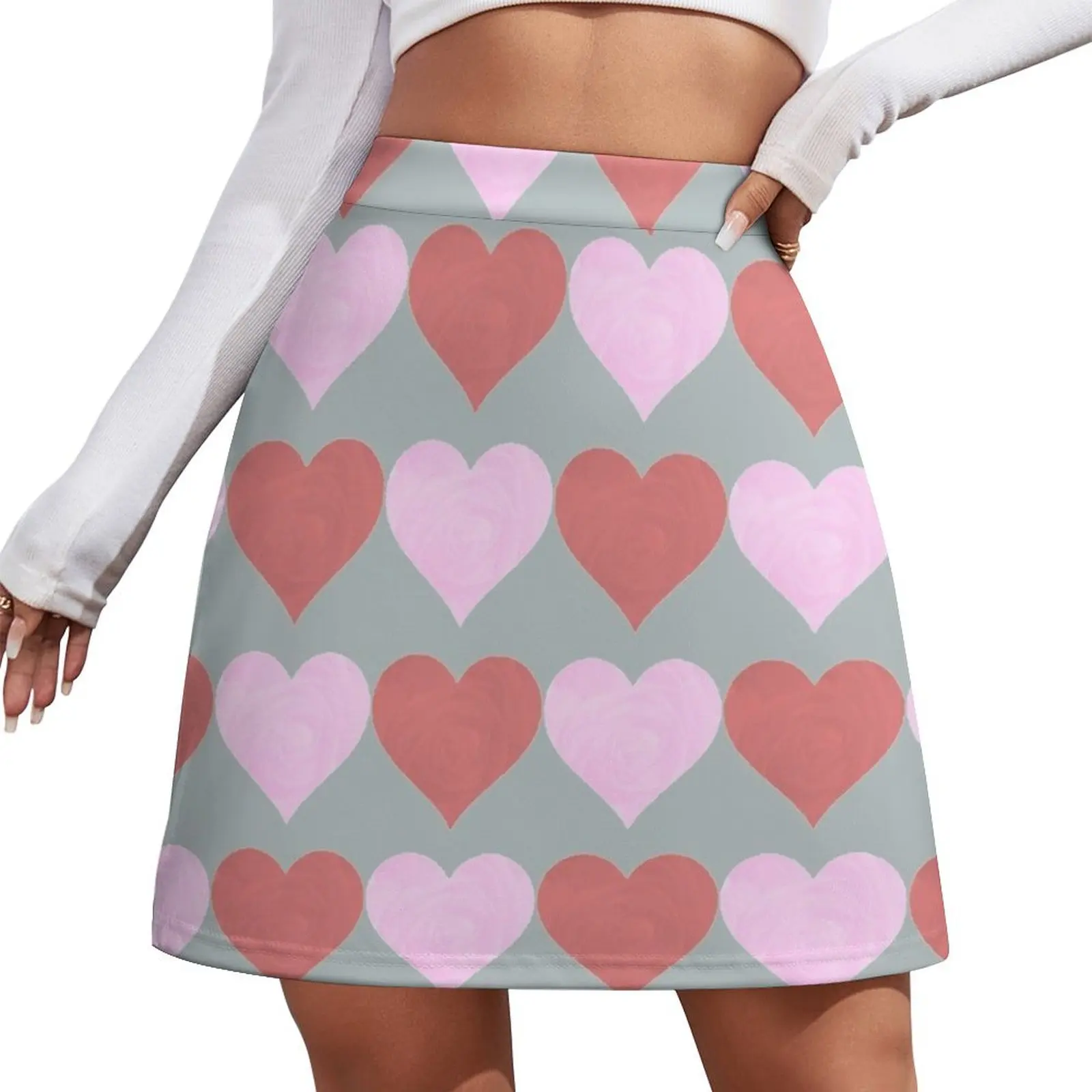 

Red and Pink Heart Shape Pattern with Rose Mini Skirt Clothing female korean summer clothes korean style Summer skirt