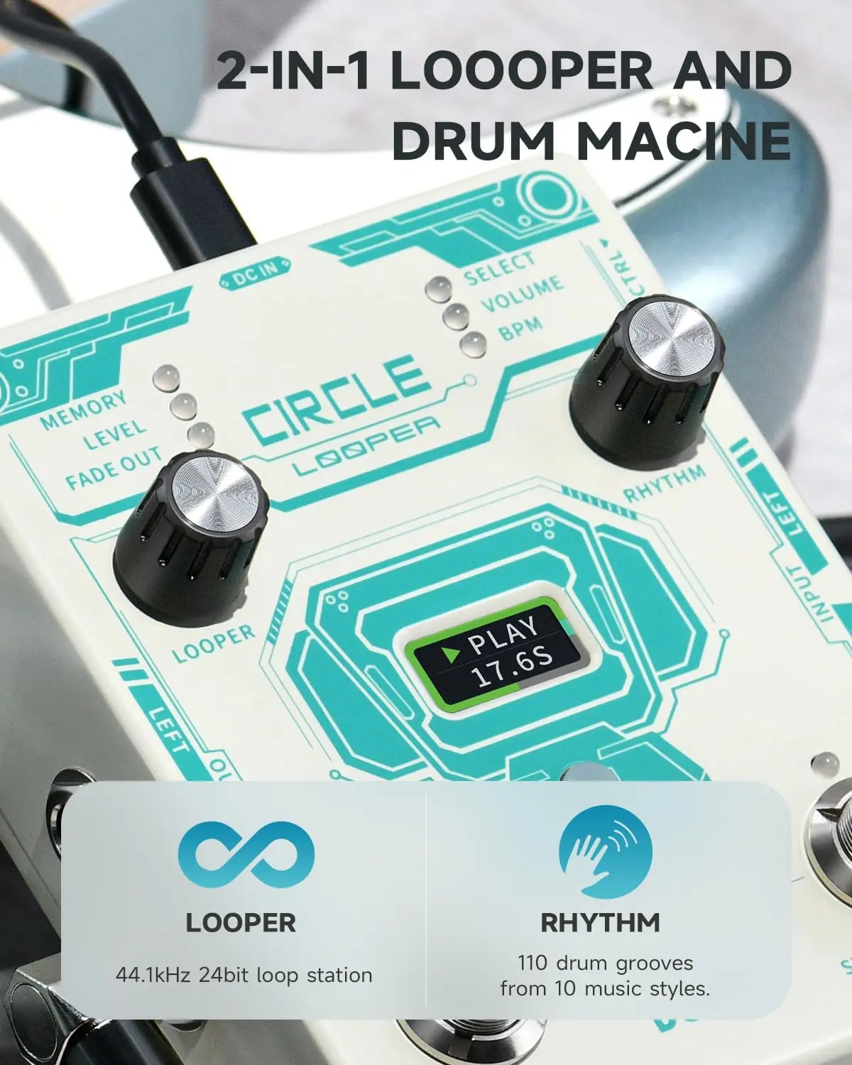 Circle Looper Pedal Drum Machine, 2 in 1 Drum Looper Stereo Guitar Loop Pedals, 40 Slots 160 mins Loop with 110 Drum Grooves, Ta