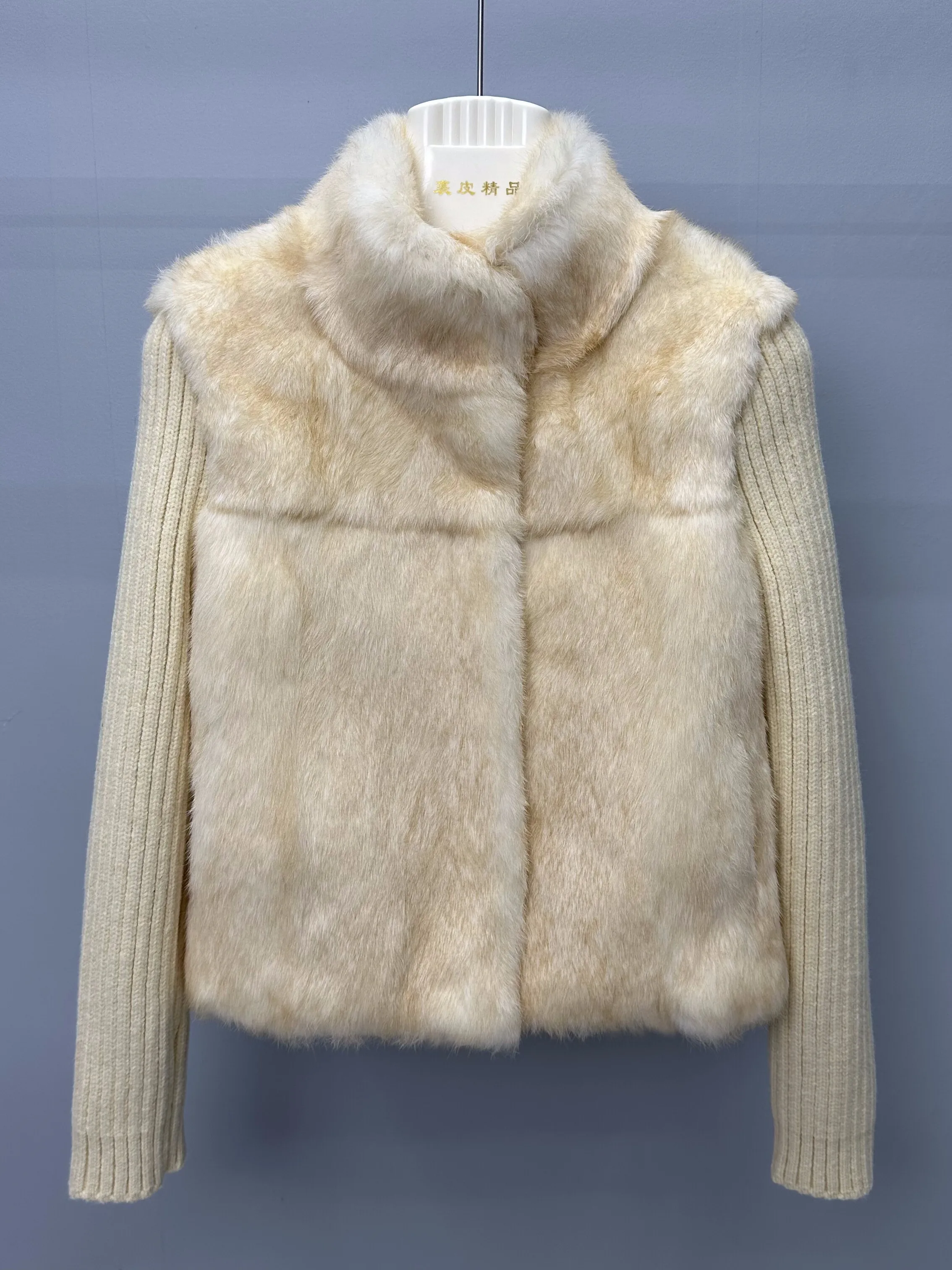2026 New Autumn Winter Faux Two-piece Rabbit Hair Fur Coat Patchwork Women Knitted Long Sleeve Stand Collar Short Cardigans Coat