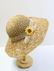 Handmade Straw Hat for Women Summer Fashion Bowknot Foldable Sunscreen Panama Lady Wide Brim Outdoor UV Sunscreen Beach Cap