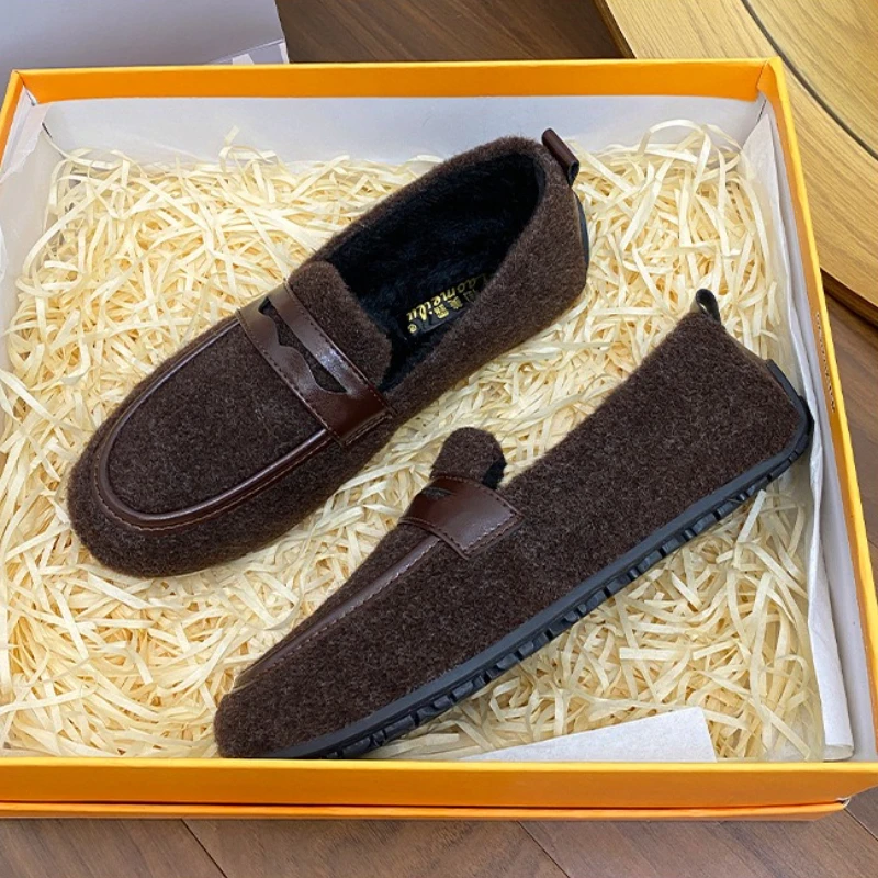 

Casual Furry Loafers for Woman 2025 Winter New Warm Plush Slip on Flats Shoes Casual Leather Round Toe Cotton Shoes Big Size 43