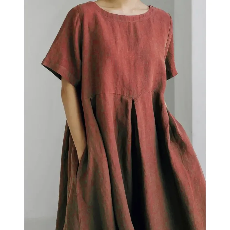 Women's Boho Dress 2025 New Women's Loose O-neck Fashion Large-size Solid Short-sleeved Casual Midi Dresses For Women Vestidos