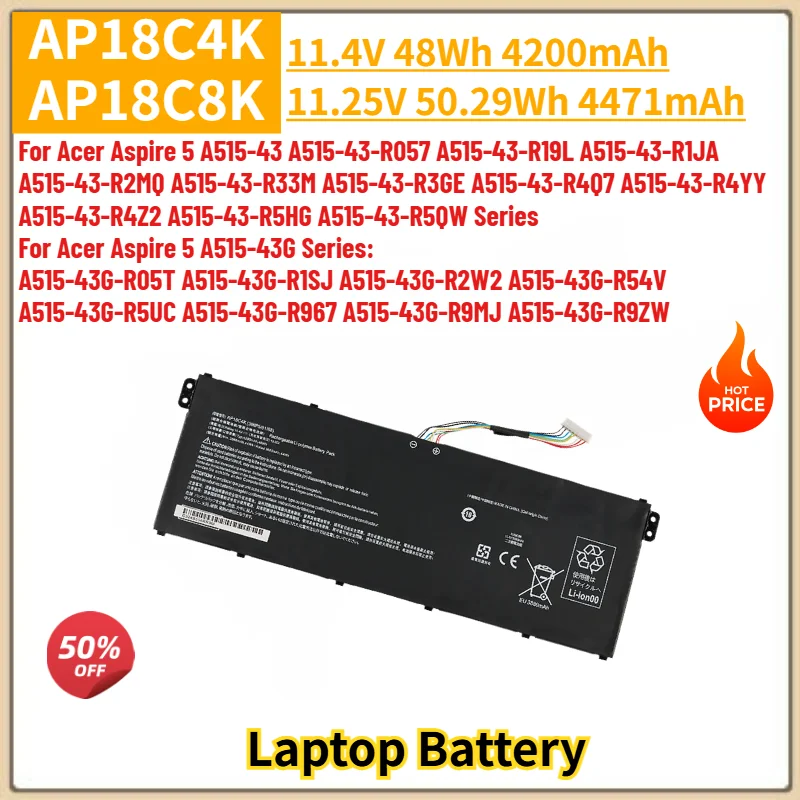 AP18C4K AP18C8K Laptop Battery 4200mAh 4471mAh for Acer Aspire 5 A515-43-R9B1 A515-43G A515-43 A515-43-R057 A515-43-R19L
