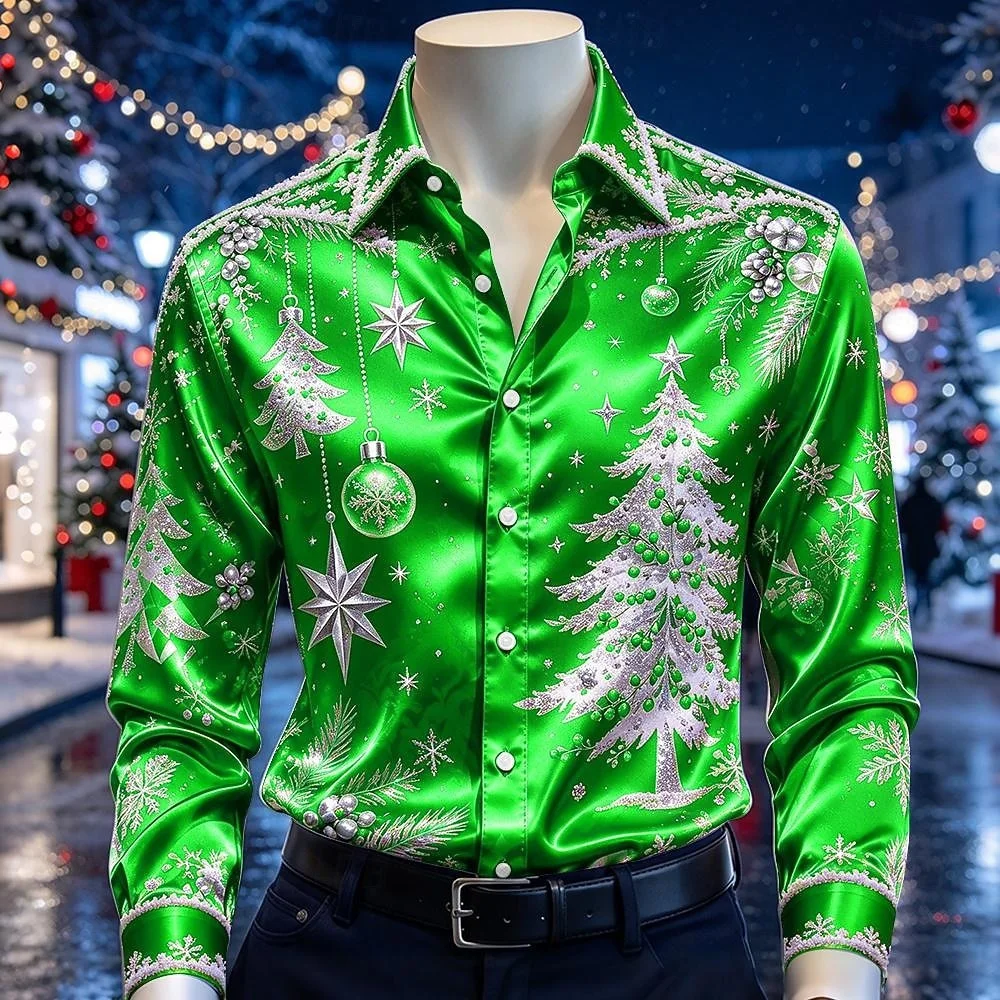Men's Christmas Long Sleeved Satin Shirt Christmas Tree Snowflake Print Lapel Button Shirt Fashion Holiday Social Party Clothing