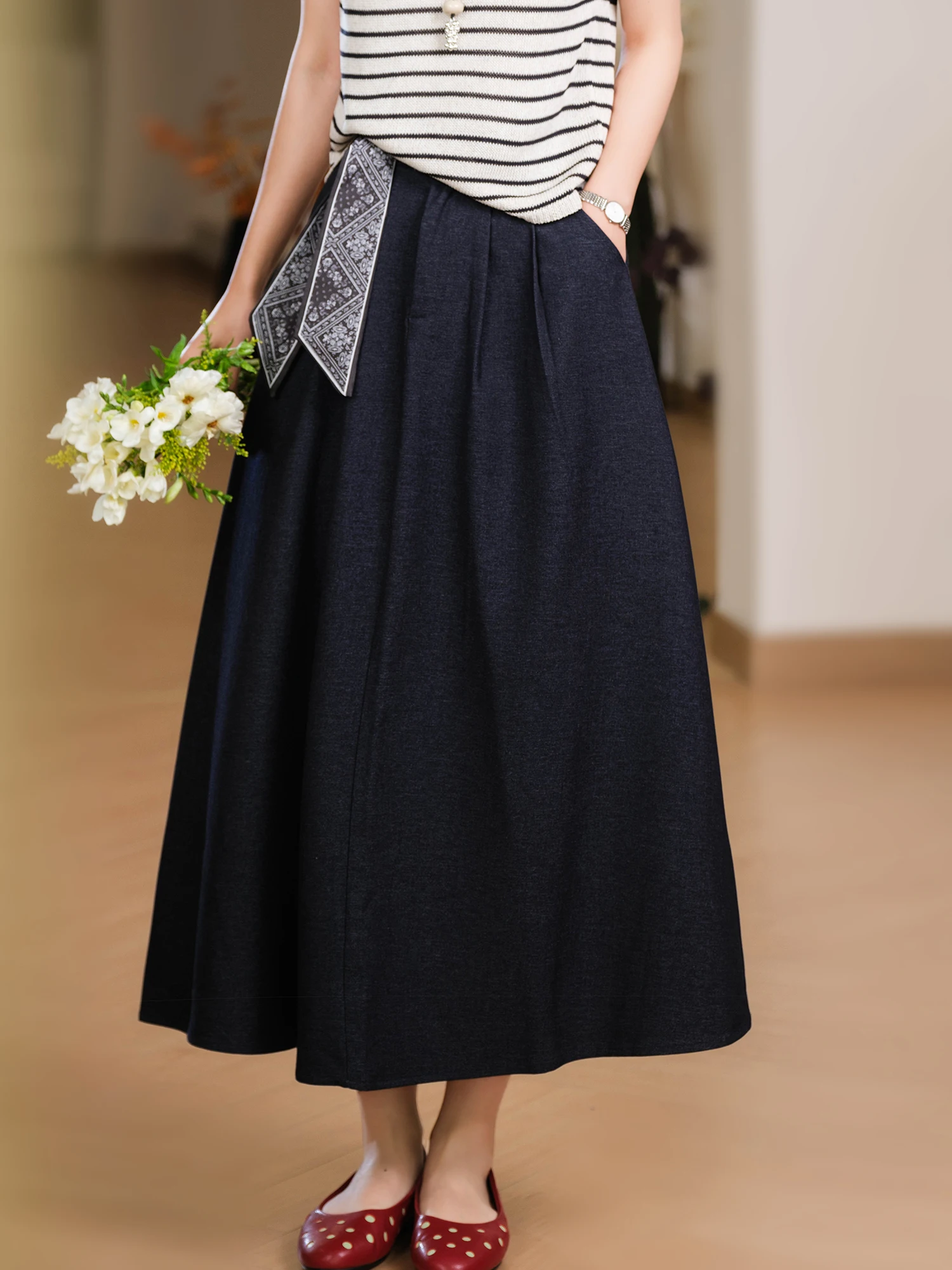 

K Wrinkle Free No Ironing Denim Skirt Smooth Draping Silk Scarf Loose Half Elastic Wide Hip Covering Skirt Casual Style