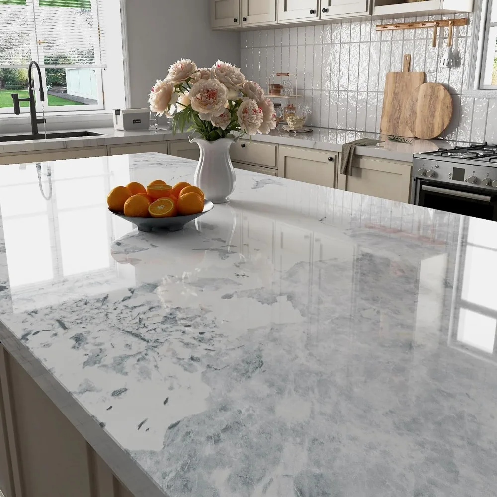 ورق اتصال كونترتوب رخامي لامع مقاوم للماء بعرض للغاية، مقاس 36 × 160 بوصة، قابل للتقشير واللصق لأسطح المطبخ والحمام