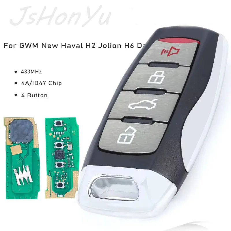 JsHonYu 433MHz 4A ID47 Chip Smart Remote Key for GWM Great Wall Haval H6 Jolion Dargo H2 Poer Cannon Keyless Entry Control Fob