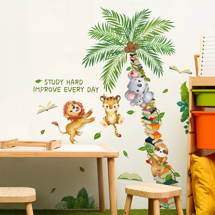 Cartoon-Tiere, Kokospalmen-Wandaufkleber, Kinderzimmer-Hintergrunddekoration, Wandbild, selbstklebende Aufkleber für das Babyzimmer, Heimdekoration. – Detail 5