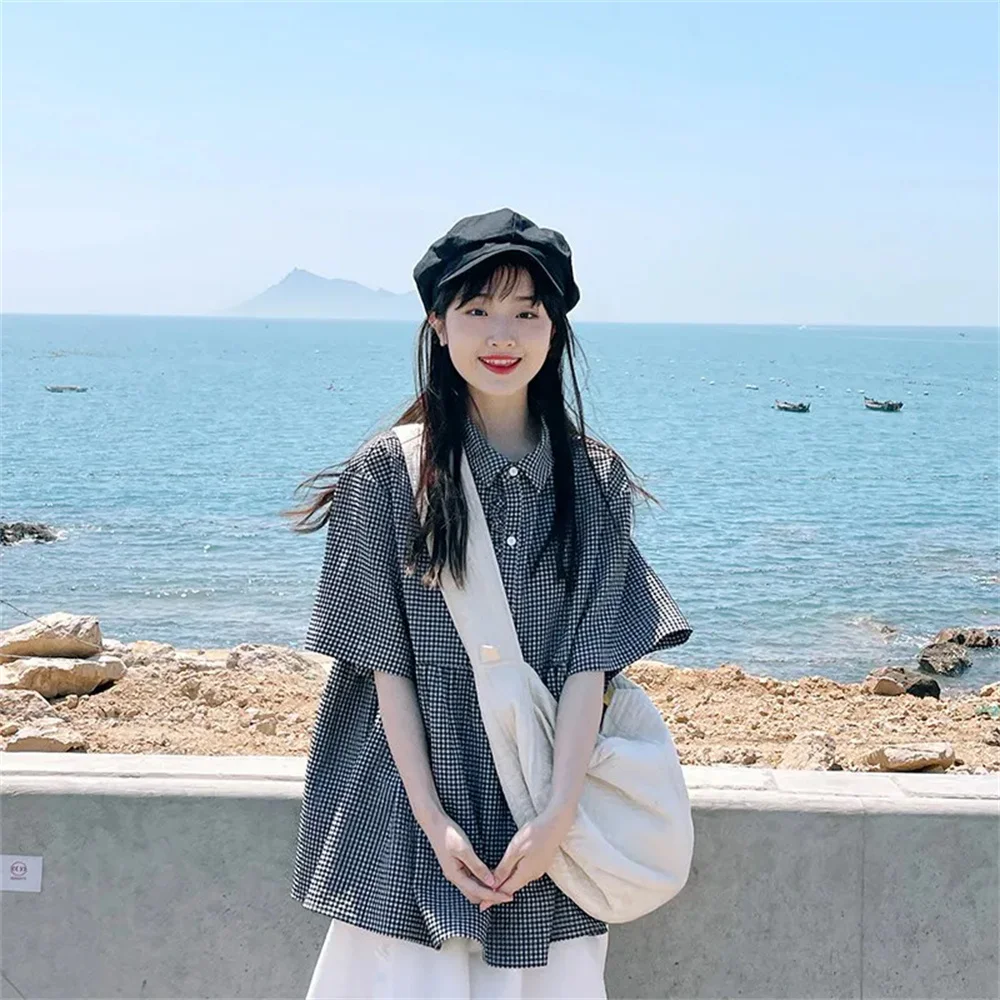 

Summer Thin Plaid Casual Women Short Sleeve Tops Loose Regular Length Blouse Doll Collar Y2K Harajuku Chic Korean Baggy Shirt