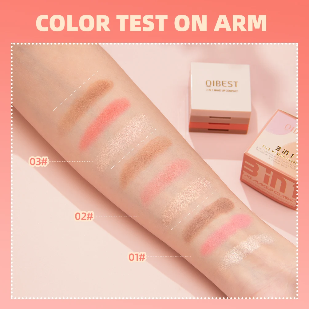 Qibest-輪郭のハイライトチーク、コンパクトなブロンザーパウダーパレット、長持ちするフェイスメイクチーク、3 in 1