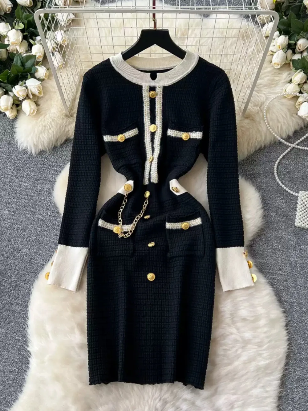 Neploe High Waist Korea French Style Elegant Moda Robe Panelled Chain Celebrity Minority Mujer Small Fragrance Slim Fit Dresses