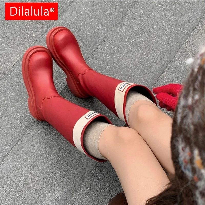 

Dilalula 2026 Fashion Real Leather Platform High Boots Young Women Thick Heels Slip On Autumn Winter Knee High Red Boots Girls
