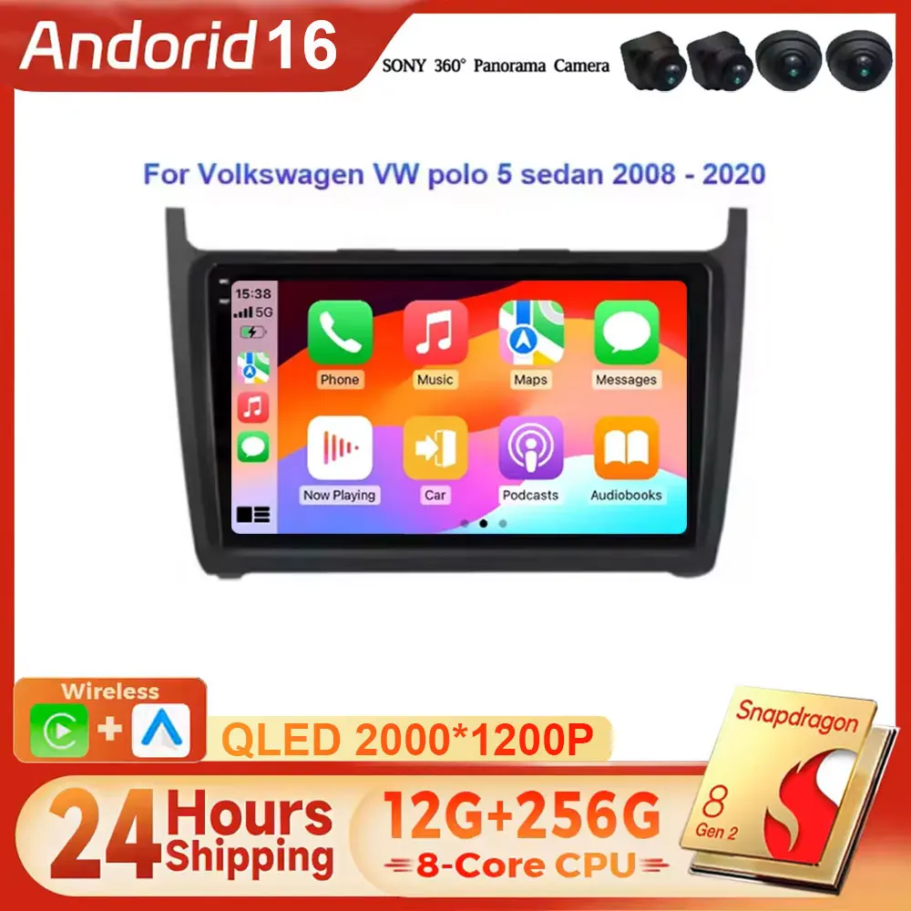 Android 16 For Volkswagen VW Polo 5 Sedan 2008-2020 Carplay 4G Wifi Car Radio Multimedia Player Stereo GPS DVD Head Unit