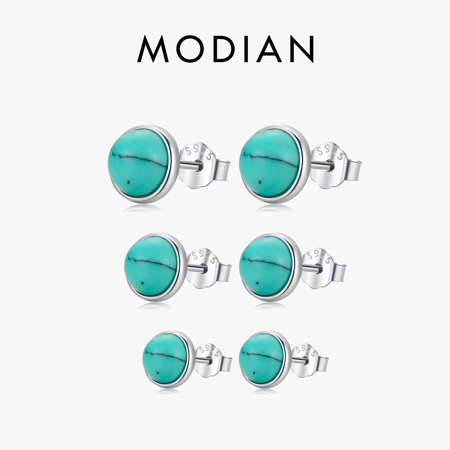 MODIAN 925 Sterling Silver Vintage Texture Green Round Turquoise Stud Earrings Simple Elegant Ear Studs Fine Jewelry For Women