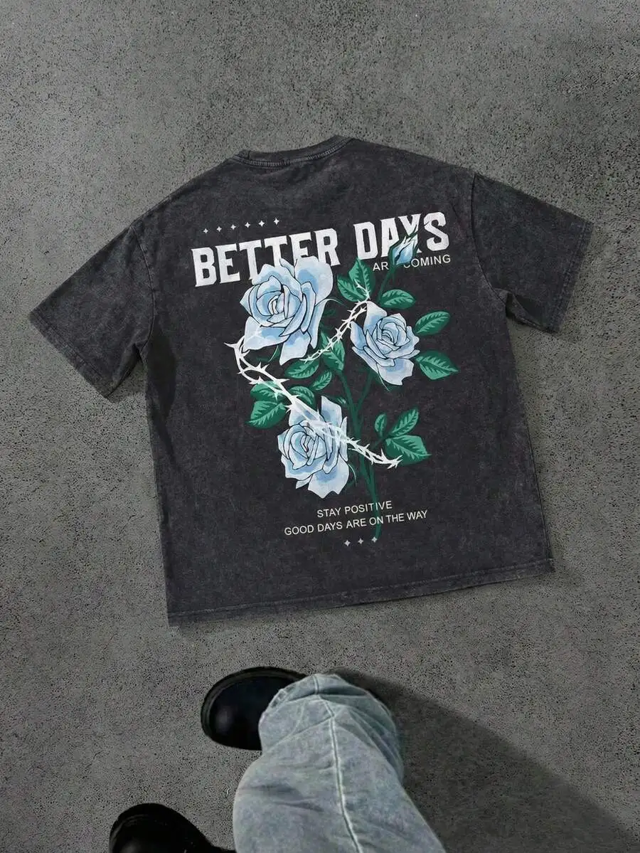 Men's Vintage Rose & Thorn Print T-Shirt, Casual Street Y2K Style For Summer