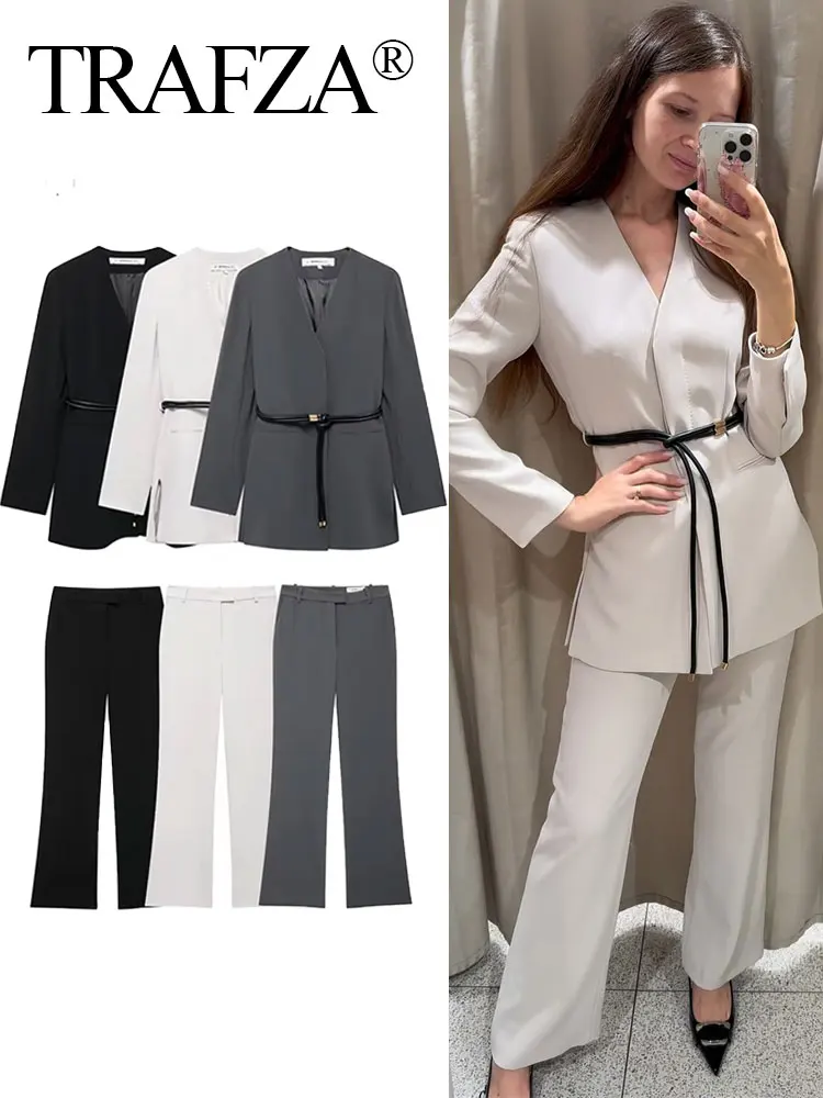 TRAFZA 2024 Women V-Neck Long Sleeves Pocket Belt Decorate Blazer Top+High Waist Loose Casual Slim Wide Leg Pant 2 Piece Set