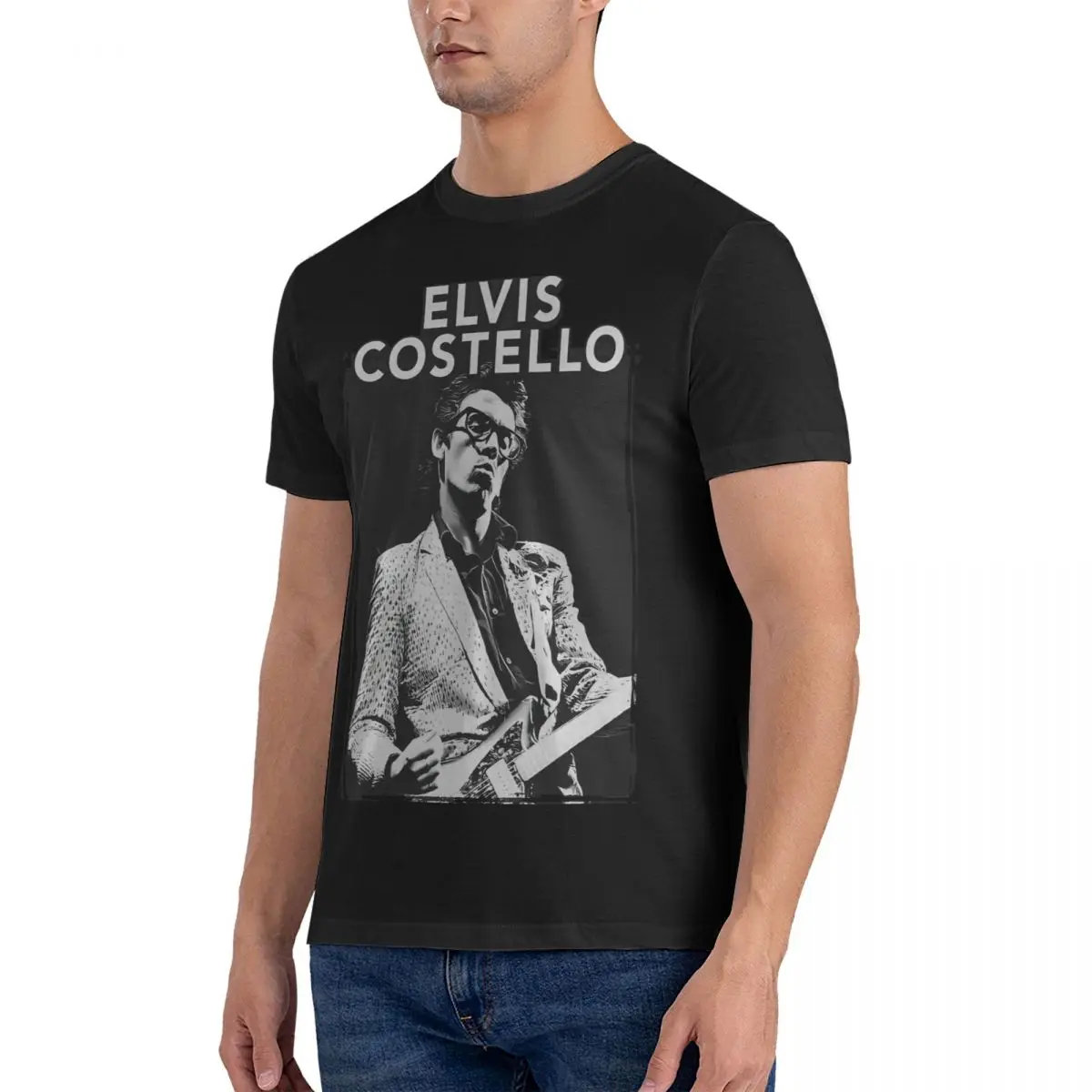 Pop Star T-Shirts for Men E-Elvis Costello Novelty Tees Short Sleeve T Shirts Printing Clothing