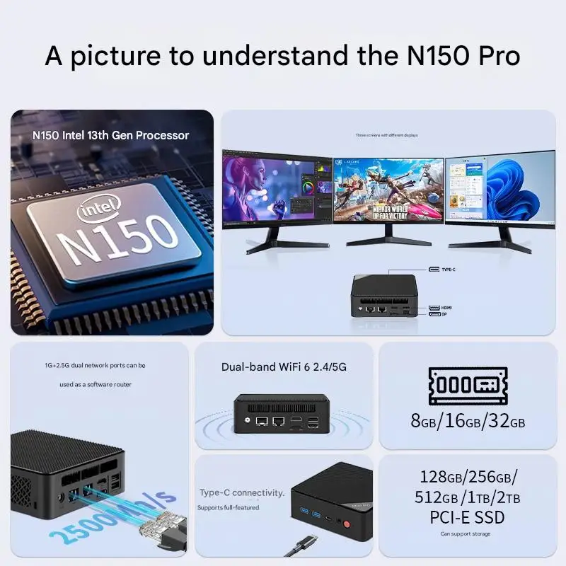 Intel N150/N100 Mini PC Micro NUC رباعي النواة لسطح المكتب للأعمال، هيكل صغير محمول NAS - حساب مدمج من فئة الأعمال #4