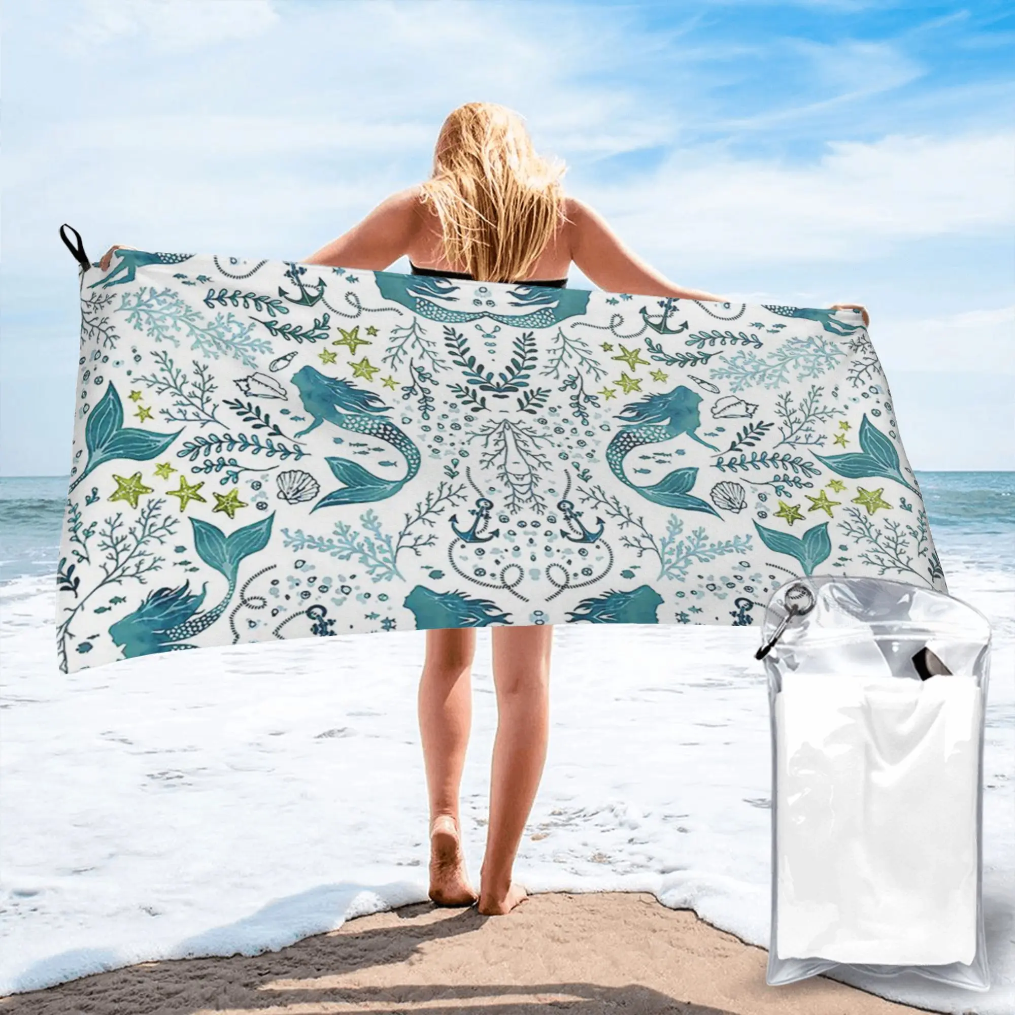 

Пляжное полотенце из микрофибры с рисунком русалки и океана, мягкое, быстросохнущее, впитывающее, для ванны