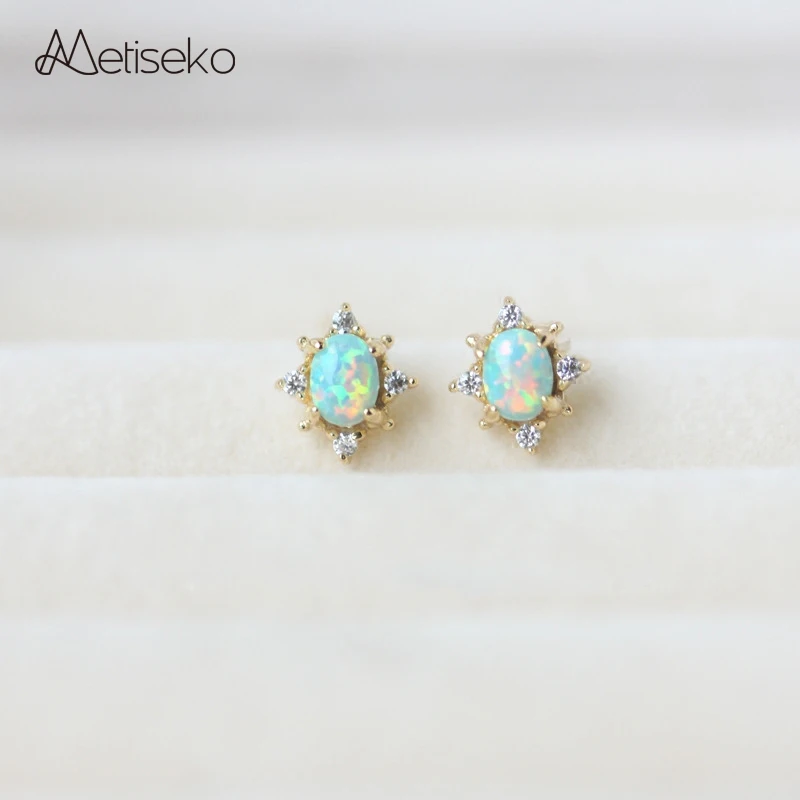 

Metiseko 925 Sterling Silver Stud Earrings Inlaid with Artificial Opal Cubic Zirconia Retro Simple Earrings for Women Party