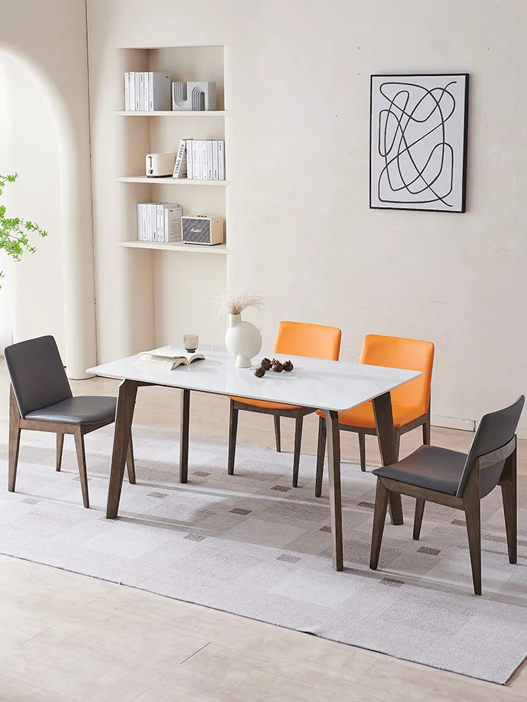 Modern minimalist cream style solid wood dining table and chair combination, small unit, rock board white long dining table