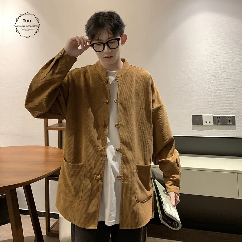 

New Chinese Style Men's Shirt Long Sleeve Corduroy Coffee Color Coat Autumn Winter Zhongshan Tang Suit Button up Fashionable